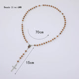 Cifeeo-Christmas Gift New Year's Eve Gift Blue Rosary Necklace For Women Men 6MM Wooden Prayer Beads Long Chain Religious Virgin Mary Cross Pendant Men Party Jewelry Gift