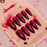 Cifeeo-Halloween Nails 24pcs Long Almond False Nails Red Cat Eye French Ballerina Nails Press on Nails Halloween Fake Nails Detachable Nail Tips