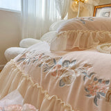 Cifeeo-Autumn and Winter Bedding Set Pink Princess Wedding Bedding Set, Lace Ruffles, Rose Flowers Embroidery, Velvet Fleece Duvet Cover Set, Bed Sheet, Pillowcase