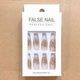 Cifeeo 24pcs Sparkling Diamond False Nails With Champagne Golden Designs Press On Long Almond Round Fake Nails Full Cover Nail Tips