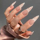 Cifeeo Matte Press On Long Stiletto Almond Shape False Nails Full Cover Nude Color Frosted Fake Nails With Cob-web Designs Nail Tips