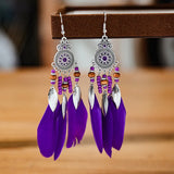 Cifeeo-Christmas Gift New Year's Eve Gift Bohemian Ethnic Feather Drop Earrings For Women Elegant Wood Beads Leaf Long Tassels Dangle Earring Girls Fashion Party Jewelry