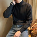 Cifeeo-Winter Outfits Men chill guy Men's Light Luxury Business Slim-fit Knit Pullover Hollow Out Casual Long Sleeve Solid Color O Neck Retro Popular Basic Sweater