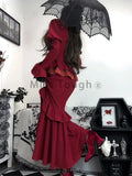 Cifeeo-new years eve outfits Christmas party outfits Autumn Red Vintage Dress Women Lace French Retro Elegant Evening Party Dress Female Long Sleeve Chic Midi Dress Halloween 2024