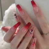 Cifeeo Long Ballerina False Nails With Designs Gradient Blood Red Fake Nails Press On Nails French Coffin Rose Flower Nail Tips