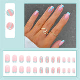 Cifeeo  Square Head False Nails With Designs French Blue Fringe Nails Set Press On Summer Thin French Tips Detachable Fake Nail Tips