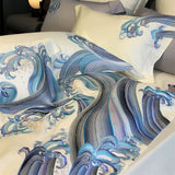 Cifeeo-1200TC Egyptian Cotton Luxury Bedding Set Blue Tides Waves Embroidery Duvet Cover Set Flat/Fitted Bed Sheet Pillowcases