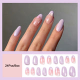 Cifeeo  French Round Head Nails Set Press On Nails Manicure Fashion Coffee Short Oval Fake Nail Tips With Designs Full Cover False Nails