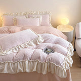 Cifeeo-French Princess Style Velvet Fleece Ruffles Winter Bedding Set Plush Warm Coral Velvet Duvet Cover Set Bed Sheet Pillowcases