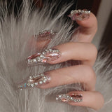 Cifeeo 24pcs Rhinestone Design Fake Nails Shiny Bridal Women Lady party nail DIy Decorations Press On nail Tips False Nail Patch