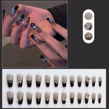 Cifeeo Fall/Winter Ambiance  24pcs/box Rhinestones Fake Nails Press On Long Coffin Ballerina Nail Tips Wearable Dark Black Star French False Nails For Girls