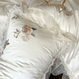 Cifeeo-Cream White 1000TC Egyptian Cotton Rose Flowers Embroidery Lace Ruffles Wedding Bedding Set Duvet Cover Set Bed Sheet Pillowcase