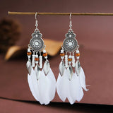 Cifeeo-Christmas Gift New Year's Eve Gift Bohemian Ethnic Feather Drop Earrings For Women Elegant Wood Beads Leaf Long Tassels Dangle Earring Girls Fashion Party Jewelry