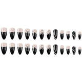 Cifeeo-Halloween Nails 24pcs Black Edged Fake Nails Detachable Almond flower Diamond False Nails Press on Nails French Ballerina Halloween Nails Art