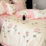 Cifeeo-100% Cotton Vintage Pink Red Rose Flowers Embroidery Wedding Bedding Set Princess Ruffles Duvet Cover Set Bed Sheet Pillowcases