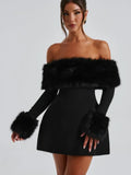 Cifeeo-new years eve outfits Christmas party outfits Women Black Fluffy Faux Fur Backless Mini Dress Fashion Strapless High A-neck Slim Dresses 2024 New Lady Party Gown Vestidos