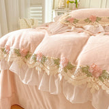 Cifeeo-Autumn and Winter Bedding Set Luxury Pink Super Soft Velvet Fleece Princess Bedding Set, Flowers Embroidery, Lace Ruffles, Duvet Cover, Bed Sheet, Pillowcases