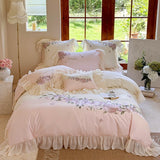 Cifeeo-Flowers Embroidery Lace Ruffles Princess Wedding Bedding Set 1000TC Egyptian Cotton Brushed Duvet Cover Set Bed Sheet Pillowcase