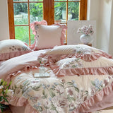 Cifeeo-4Pcs Luxury Flowers Embroidery Ruffles Princess Bedding Set 1000TC Egyptian Cotton Brushed Duvet Coves Set Bed Sheet Pillowcases