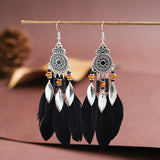 Cifeeo-Christmas Gift New Year's Eve Gift Bohemian Ethnic Feather Drop Earrings For Women Elegant Wood Beads Leaf Long Tassels Dangle Earring Girls Fashion Party Jewelry