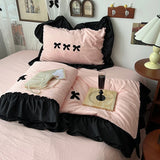 Cifeeo-1Pc Korean Style Princess Black Bow Ruffles Summer Quilt Soft Skin-friendly Washed Seersucker Blanket Bedspread 150X200/200X230