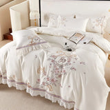 Cifeeo-Pastoral Flowers Embroidery Bedding Set, 100s Egyptian Cotton, Lace Ruffles, Duvet Cover Set, Flat, Fitted Bed Sheet, Pillowcase