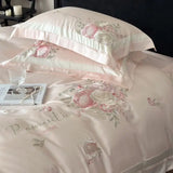 Cifeeo-4Pcs Pink Champagne Blue Chic Flowers Embroidery Bedding Set 1000TC Egyptian Cotton Duvet Cover Flat/Fitted Bed Sheet Pillowcase