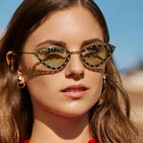 Cifeeo-Cool Sunglasses 2024 New Rimless Sunglasses For Women Fashion Mosaic Diamond Personality Eyewear Triangle Cat Eye Metal Frame Goggle Sun Glasses