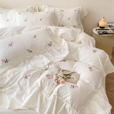 Cifeeo-Rose Flowers Embroidery Ruffle Lace Bedding Set for Girls, Washed Cotton Duvet Cover, Skin Friendly, Bed Sheet, Pillowcases