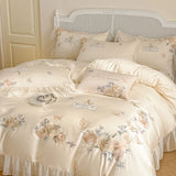 Cifeeo-Rose Flowers Embroidery Lace Ruffles Bedding Set Lyocell Cotton Soft Silky Cooling Duvet Cover Flat/Fitted Bed Sheet Pillowcases
