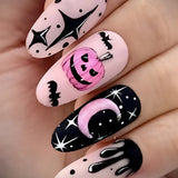 Cifeeo-Halloween Nails 24pcs Halloween Pink Wearing Nails Detachable French Ballerina Nails Art Press on Nails Almond Fake Nails cartoon False Nails