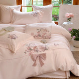 Cifeeo-3/4Pcs Flowers Embroidery Bow Wedding Bedding Set Single Queen King Size Egyptian Cotton Duvet Cover Set Bed Sheet Pillowcases