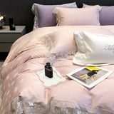 Cifeeo-Pink Purple Luxury Embroidery Bedding Set 1000TC Egyptian Cotton Rose Jacquard Lace Edge Duvet Cover Set Bed Sheet Pillowcases