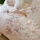 Cifeeo-3/4Pcs Flowers Embroidery Bow Wedding Bedding Set Single Queen King Size Egyptian Cotton Duvet Cover Set Bed Sheet Pillowcases