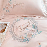 Cifeeo-Pink Vintage Rose Flowers Embroidery Princess Bedding Set, 100s Egyptian Cotton, Curve Edge Duvet Cover, Bed Sheet, Pillowcases