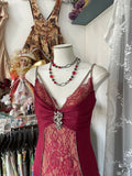 Cifeeo-back to school outfits nye outfits Valentine's Day outfits Sexy Mermaid Spaghetti Straps Red Lace Prom Dresses Long Party Dress CIF1308