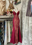 Cifeeo-back to school outfits nye outfits Valentine's Day outfits Sexy Mermaid Spaghetti Straps Red Lace Prom Dresses Long Party Dress CIF1308