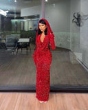Cifeeo-back to school outfits nye outfits Valentine's Day outfits Pretty Sheath V Neckline Red Sequin Long Prom Dresses Formal Evening Dress CIF1409