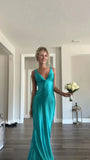 Cifeeo-back to school outfits nye outfits Valentine's Day outfits Classy A line V Neckline Blue Satin Sleeveless Long Prom Dresses CIF1444
