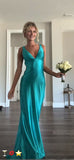 Cifeeo-back to school outfits nye outfits Valentine's Day outfits Classy A line V Neckline Blue Satin Sleeveless Long Prom Dresses CIF1444