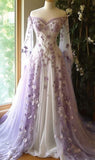 Cifeeo-back to school outfits nye outfits Valentine's Day outfits Aesthetic Ball Gown Off The Shoulder Tulle Lilac Party Dresses Long Prom Dress Evening Dresses CIF1793