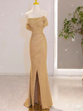 Cifeeo-back to school outfits nye outfits Valentine's Day outfits Classy Mermaid Off The Shoulder Gold Slit Sequin Long Party Dress Prom Dresses CIF1812