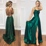 Cifeeo-back to school outfits nye outfits Valentine's Day outfits Sexy A Line Halter Dark Green Satin Long Evening Gowns Prom Dresses CIF1832