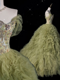 Cifeeo-back to school outfits nye outfits Valentine's Day outfits Aesthetic Ball Gown Sweetheart Sage Green Tulle Party Dress Long Prom Dress Evening Dresses CIF1925