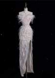 Cifeeo-back to school outfits nye outfits Valentine's Day outfits Classy Mermaid Strapless Feathers Floor Length Evening Dress Sequin Prom Dresses CIF1937