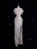 Cifeeo-back to school outfits nye outfits Valentine's Day outfits Classy Mermaid Strapless Feathers Floor Length Evening Dress Sequin Prom Dresses CIF1937