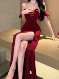 Cifeeo-back to school outfits nye outfits Valentine's Day outfits Mermaid Off The Shoulder Floor-length Burgundy Satin Slit Prom Dresses CIF2005