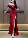 Cifeeo-back to school outfits nye outfits Valentine's Day outfits Mermaid Off The Shoulder Floor-length Burgundy Satin Slit Prom Dresses CIF2005