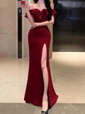 Cifeeo-back to school outfits nye outfits Valentine's Day outfits Mermaid Off The Shoulder Floor-length Burgundy Satin Slit Prom Dresses CIF2005