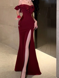 Cifeeo-back to school outfits nye outfits Valentine's Day outfits Mermaid Off The Shoulder Floor-length Burgundy Satin Slit Prom Dresses CIF2005